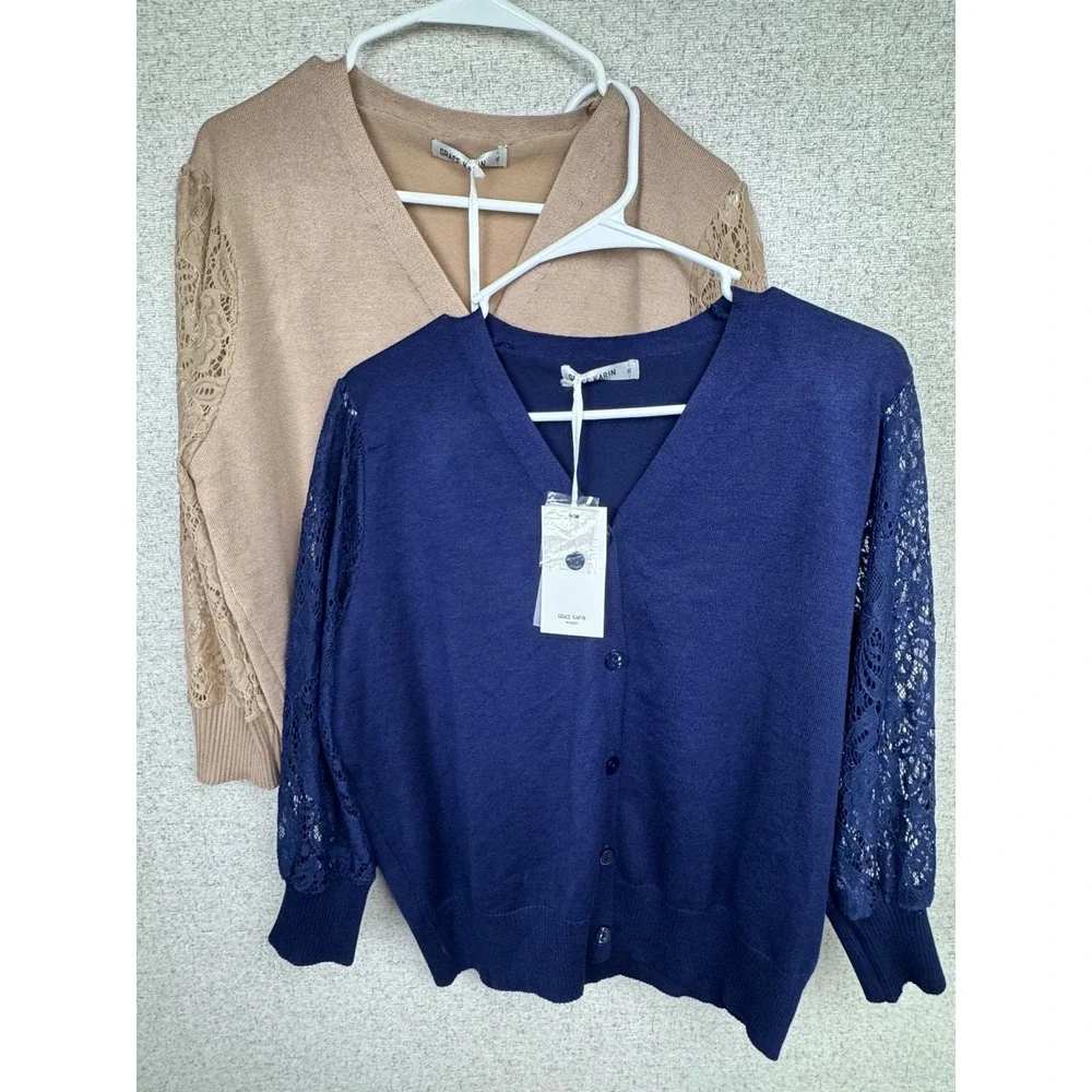 Grace Karin Cardigan Bundle XL Lace Sleeve Camel & Indigo NWT Lot of 2 Sweater